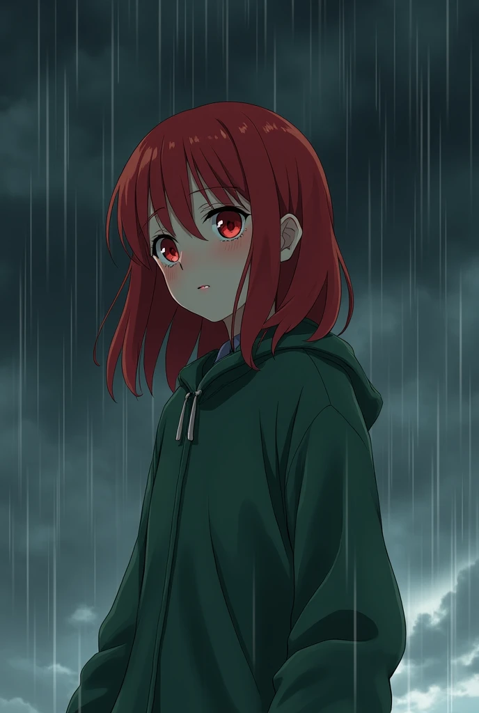 Very beautiful young girl with red hair anime style. Red eyes to the shoulders, he is sad in the rain, A black cloud follows her over her. gloomy atmosphere. she cries. He wears a green jacket.