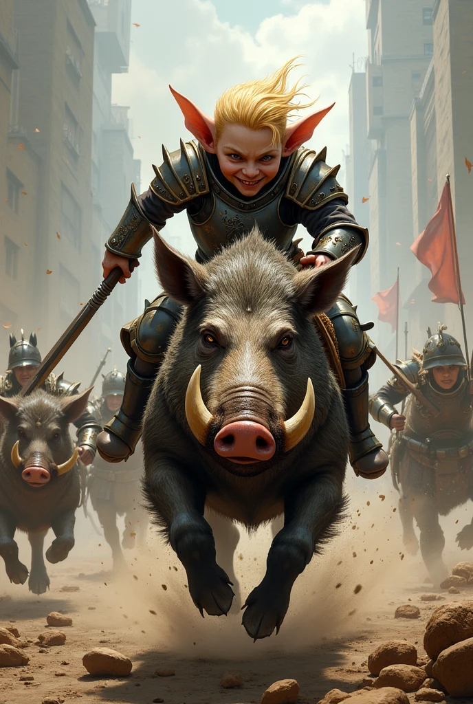 Goblin Knight description: A goblin riding an armored boar, that advances rapidly towards enemies, causing extra damage to ground troops. blond