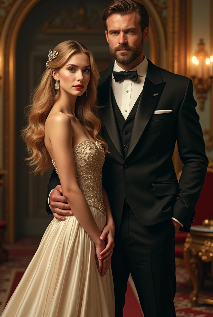 An elegant girl with very long golden hair next to a powerful and very rich man