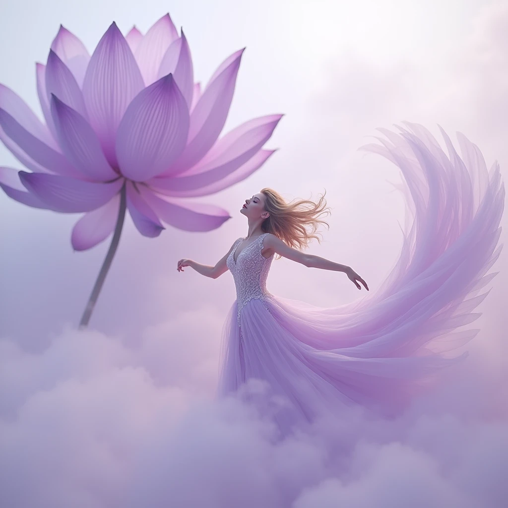 Running on lilac clouds, background color pale lilac in the distance from the fog around and at the feet, minimalist, elegant, pure gentle, soft lilac light, veil,lace, photorealistic. Giant purple lotus , with huge and long purple petals. (petal made of thin and soft tulle, flowing petals full background, floating petals, hyperflying petals, at the feet Mixture of purple smoke and fog effects from colored blue fog on the ground and petals). Extravagant, beautiful woman full length, nice legs,shoes, in a fast dance in a flying pose, (Ultra detailed face, hyperrealistic) posing Giant lilac lotus , center in the photo, woman looking at viewer, разрешение 8 K, masterpiece, top quality, the skirt flutters strongly in the wind, Tyndall phenomenon,white staircase to heaven, beautiful blonde, Best quality, super detailed, valid, professional,white fluffy lace wedding dress,a lilac train stretches and flutters strongly in the wind, extravagant, lots of lace on the dress, lilac train, Rows of pale lilac and violet rays, cloud, light multi-colored fog,White minimalist, partial reflection,Desktop wallpaper, , 8 K,12K,