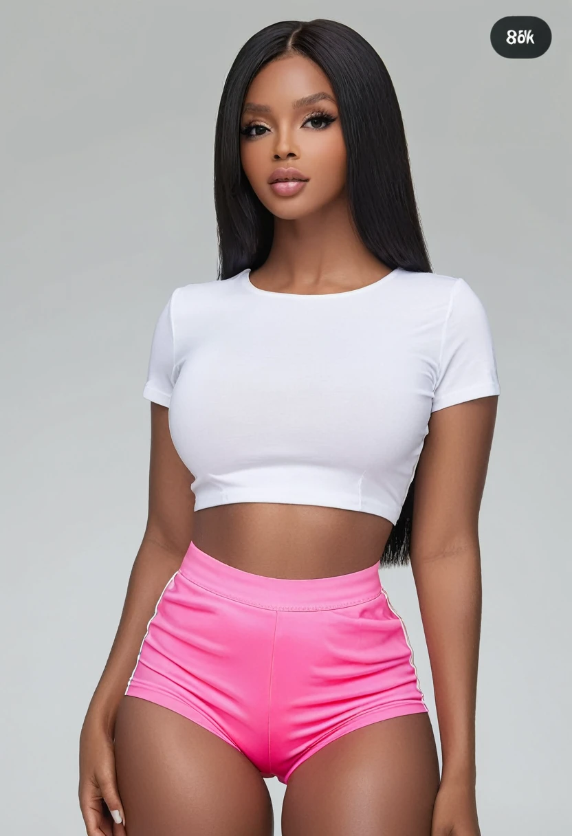 ((high quality:1.2)), (8k), extremely detailed, ((High detail:1.2)), ((best resolution:1.4)), Solo, ((HotLexi 24 years Angolan female)), ((medium straight hair)), ((mini-shorts, cropped)), BREAK, (((perfect hourglass hot body))), (((square and defined face of an extremely perfect and beautiful model))),