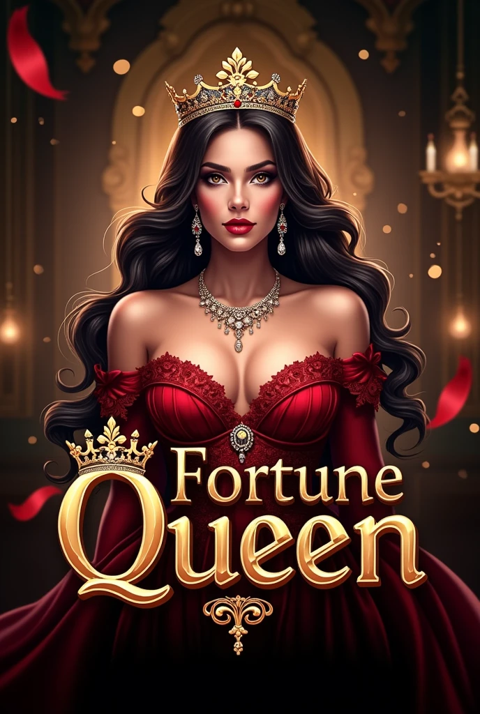 Create a logo for a dp of  an online casino platform named fortune queen using a sexy queen with the name written on the logo with casino background

Focus the picture on middle 