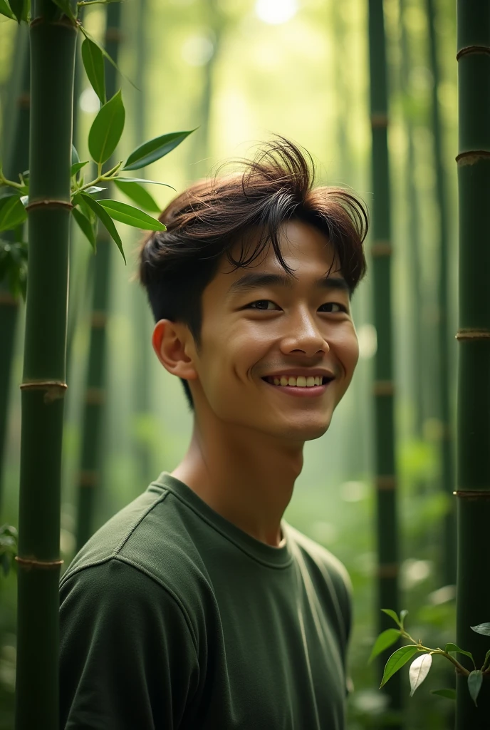 photography realistic, china a young man, smile, bamboo forest