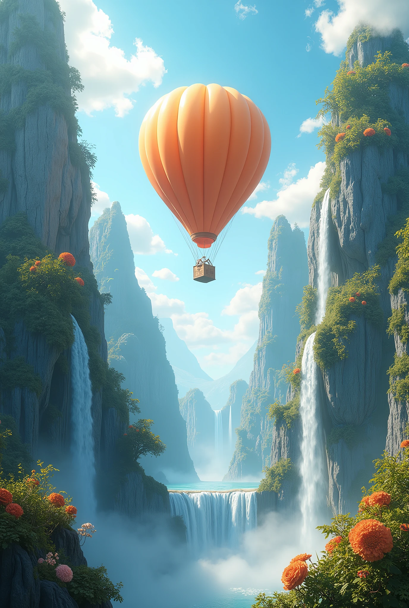 Create an image, realistic, which features floating mountains with hanging flowers and waterfalls and an orange hot air balloon , hovers between the mountains and the sign "I can do anything"
