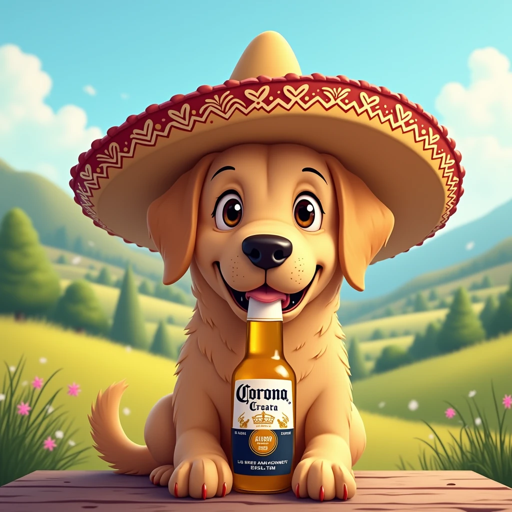 Labrador, Italy, Sambrero, Corona Beer, looks at the viewer, Best quality, character design,