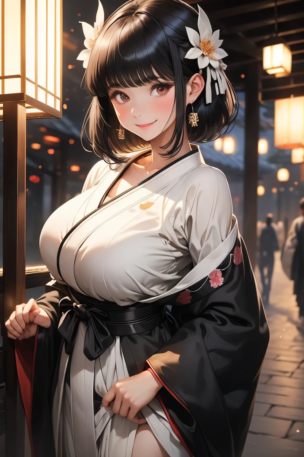 ((obramaestra)) Black haired girl with bangs covering the right side of her face, pleasant smile, wearing a black yukata with delicate white details, big chest, thick thighs, Edo era setting.