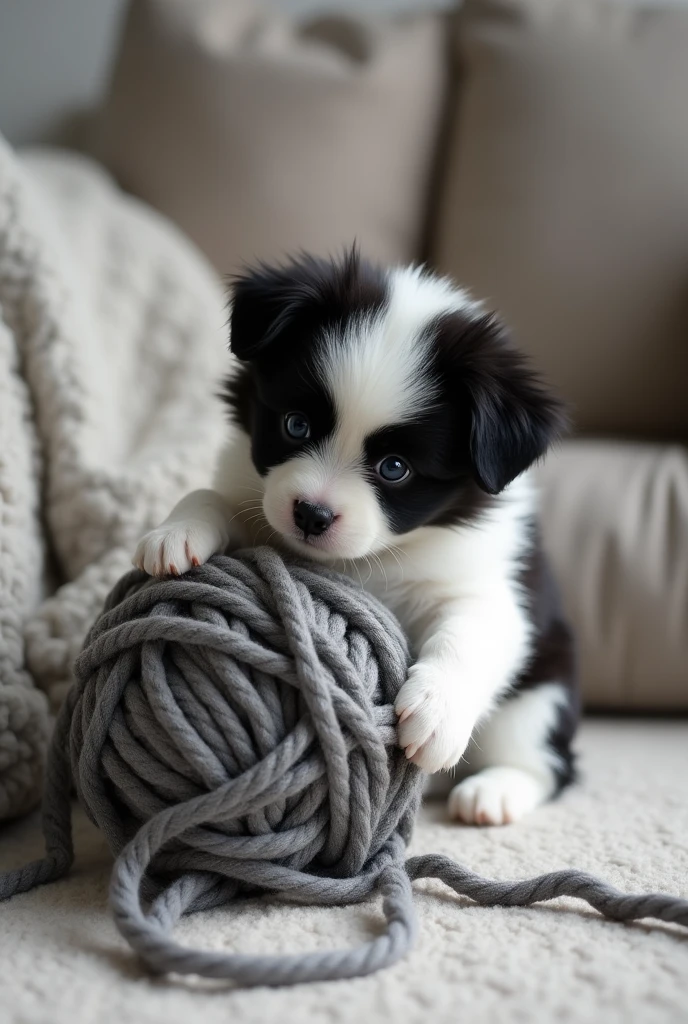 Black and white puppy playing with knitting wool