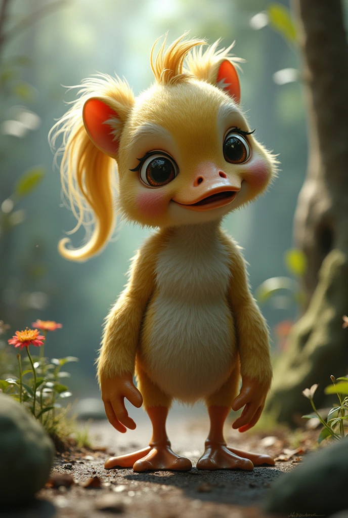 Create an imaginary friend with the following characteristics: duck head, ponytail, gorilla hands, cat legs, human hair