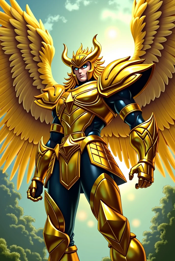 create an illustration of a Leo knight with golden armor inspired by "Saint Seiya", with golden wings and a green background to highlight the image, make the wings fit the entire area of the camera