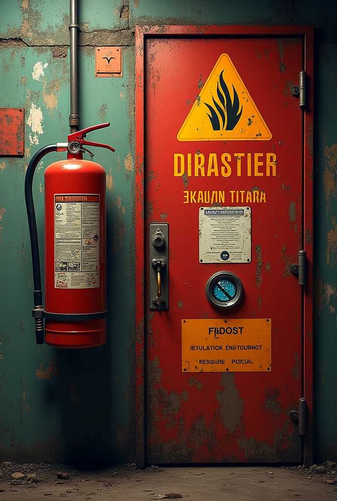 create an image that is half industrial emergency signage and half fire prevention signage
