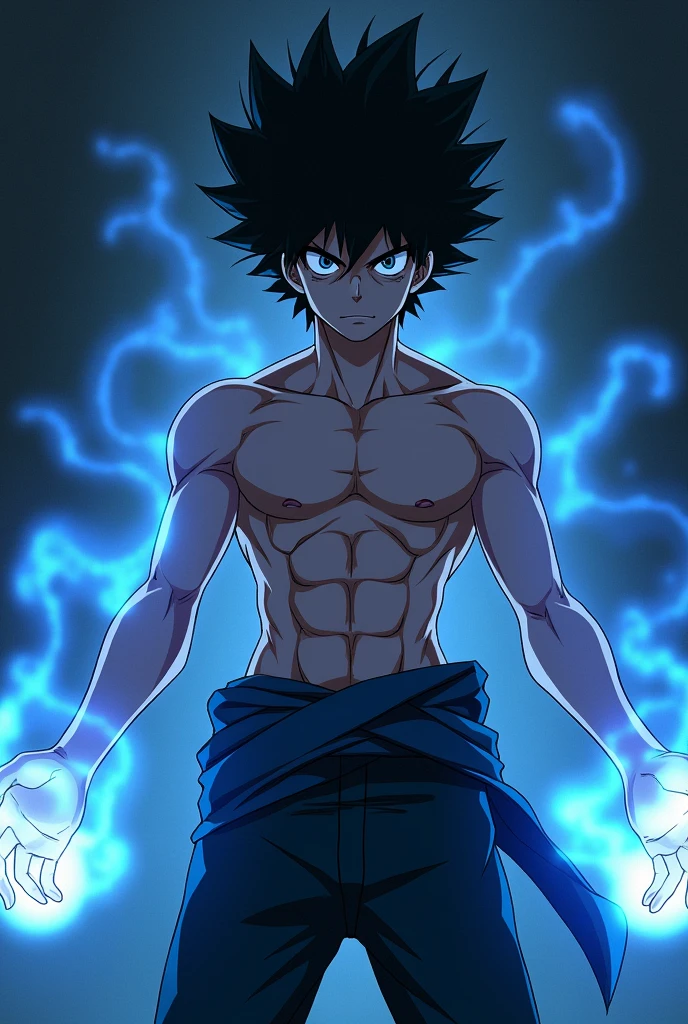 personnage Dabi de l'anime my hero academia . he looks like a soldier. he doesn&#39;t wear a top. black hair .
In his left hand he has a blue fireball and in his right hand another fireball
