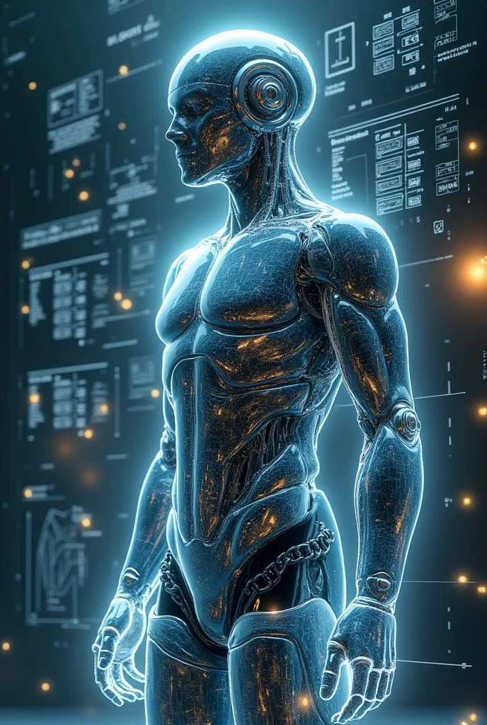 (masterpiece:1.2,Exceptional Quality,mirror-like,Cinematic Experience,Photorealistic:2.0,RAW Photos:2.0,Super detailed),8k,wallpaper,(Representing full body blueprints through holograms:2.0),(translucent Terminator:2.0),male Cyborg,(Design of a TERMINATOR Cyborg:2.0),(Draw the front view:2.0),(Avant-garde design:2.0),(Drawing detailed blueprints:2.0),(Numerous notes about the settings:2.0)