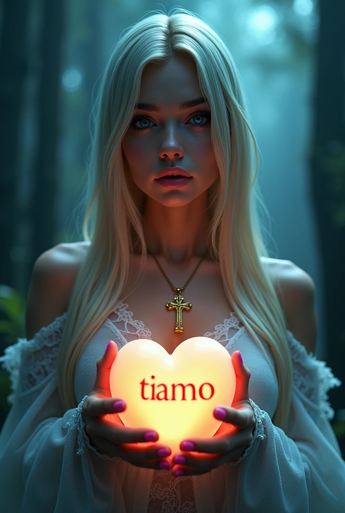 A mystical dark glowing environment. In the middle stands a woman with blue eyes, blonde, straight hair, pinken Lips, golden necklace with cross pendant, pink fingernails. She holds a glowing heart with the word Tiamo in her hands. Below it is the word Anikatz. 3d art