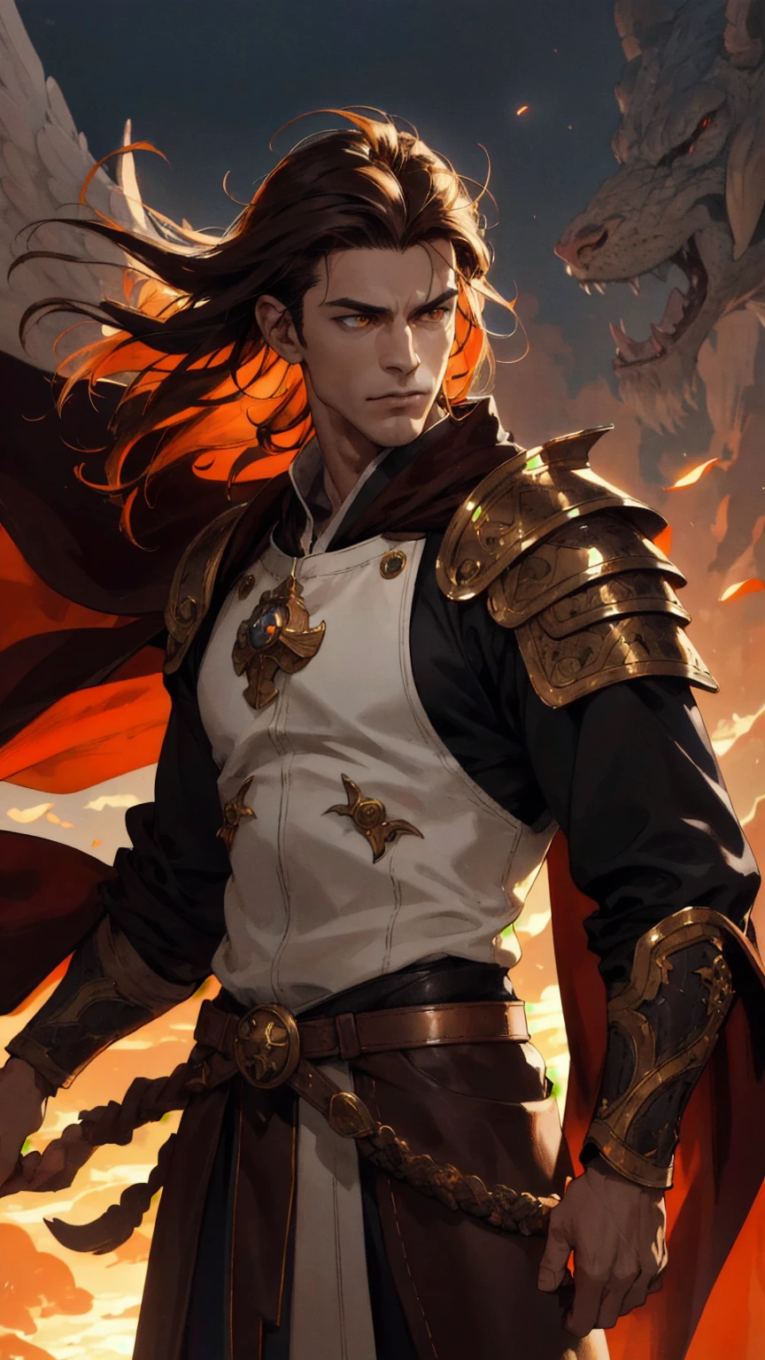 (absurdres, highres, ultra detailed), 1 male, mature, aged up, handsome, tall muscular guy, broad shoulders, dark brown wavy mid-length hair, undercut, orange eyes, finely detailed eyes and detailed face, extremely detailed CG unity 8k wallpaper, intricate details, portrait, looking down, solo, upper body, detailed background, (dark fantasy theme:1.1), angelic face, bloodthirsty expression, prince, hovering in air, sunset, floating scraps, fighting stance, black and brown colored leather armor, bright realistic lighting, heavenly cliff landscape, peaceful atmosphere, dragon horns on head, coat of arms, tabard, hair blowing in wind,, cowboy shot