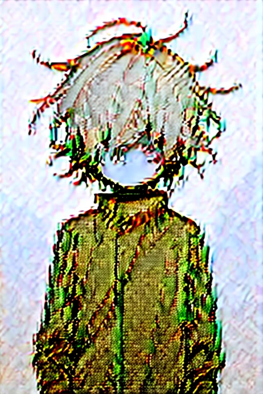 a pale undead boy with no face, no eyes, no mouth, light gray skin, dark blue clothes, disheveled hair, haunting expression, dramatic.