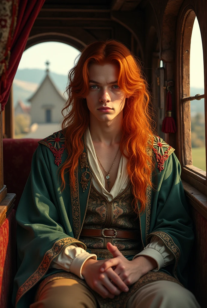 Create a young man with long, loose red hair, in a carriage in medieval clothes 