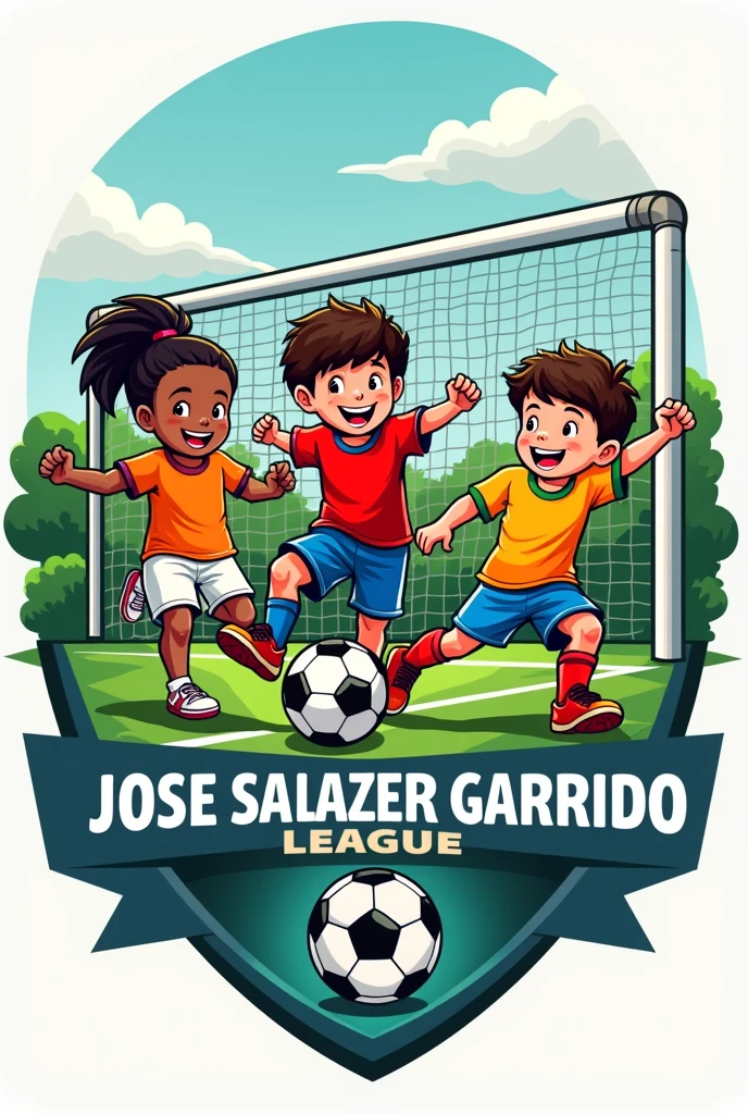 Logo for a football league, with children playing soccer, A soccer ball, and a goal, what to say "Jose Salazar Garrido League" 