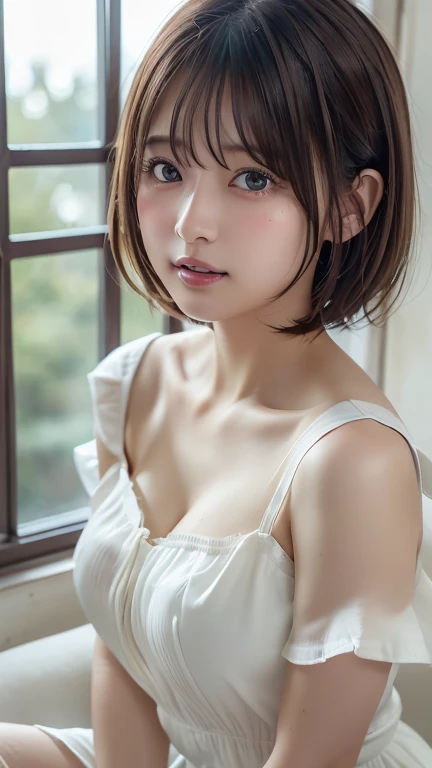 (8k, Photorealistic, RAW Photos, Best image quality: 1.4), Japanese schoolgirl、Short Bob、Super detailed face、Eye on the details、double eyelid、Sharp focus:1.2、Beautiful woman:1.4、Light brown hair、Highest quality、masterpiece、Ultra-high resolution、(Photorealistic:1.4)、Highly detailed and professionally lit smiles、(White dress:1.5)、blush、Open your mouth a little、Watery eye、amount、erect nipples、Thighs