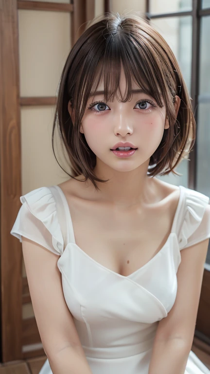 (8k, Photorealistic, RAW Photos, Best image quality: 1.4), Japanese schoolgirl、Short Bob、Super detailed face、Eye on the details、double eyelid、Sharp focus:1.2、Beautiful woman:1.4、Light brown hair、Highest quality、masterpiece、Ultra-high resolution、(Photorealistic:1.4)、Highly detailed and professionally lit smiles、(White dress:1.5)、blush、Open your mouth a little、Watery eye、amount、erect nipples、Thighs