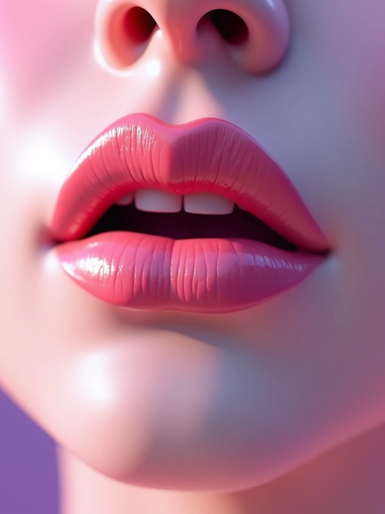 A cinematic shot of a hyper-realistic CG animation of a close-up of lips. The lips are pink and are slightly parted. There's a subtle highlight on the upper lip. The background is a soft gradient of pink and purple hues. The image has been color corrected and has an HDR effect. The image is in UHD resolution.