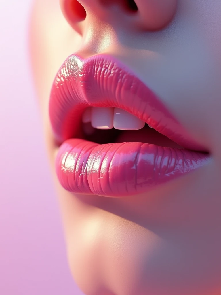 A cinematic shot of a hyper-realistic CG animation of a close-up of lips. The lips are pink and are slightly parted. There's a subtle highlight on the upper lip. The background is a soft gradient of pink and purple hues. The image has been color corrected and has an HDR effect. The image is in UHD resolution.