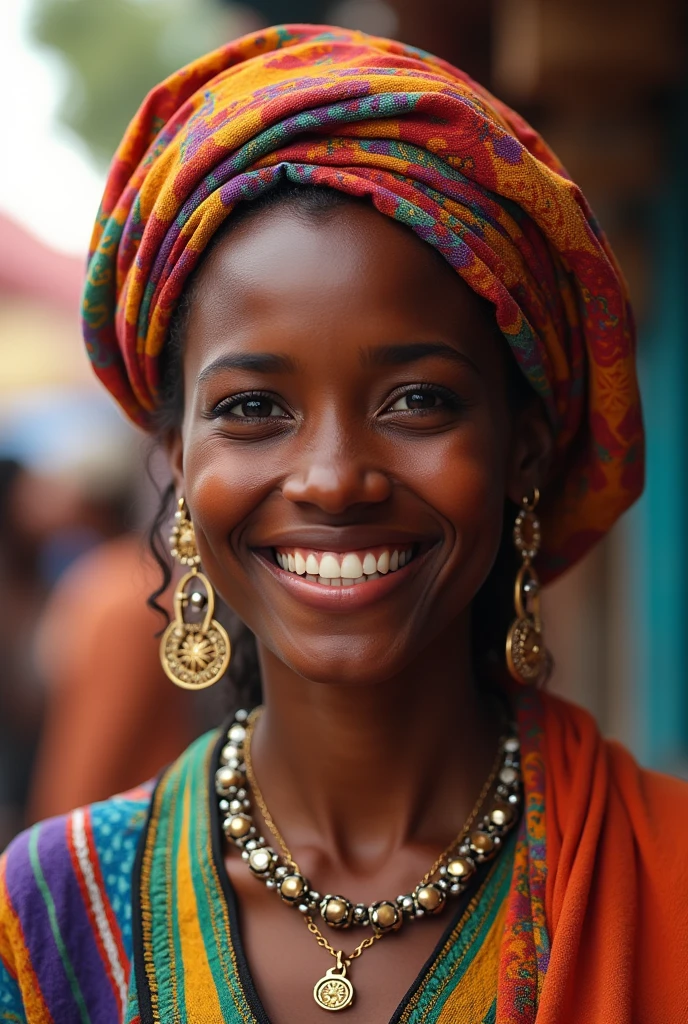 Portrait of a Mauritanian woman showing a wide smile with gapped teeth, in the middle of a crowded traditional market.
