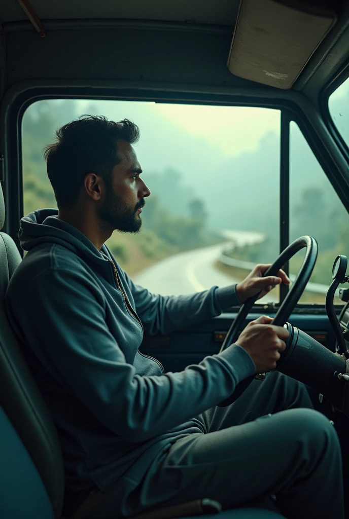 cinematic, photorealistic film poster of a cinematic, photorealistic film poster of a man in his 30’s wearing middle class track suit, driving an old maruti Van with his son seated next to him in a school dress, side face profile , outskirts of Darjeeling, misty morning