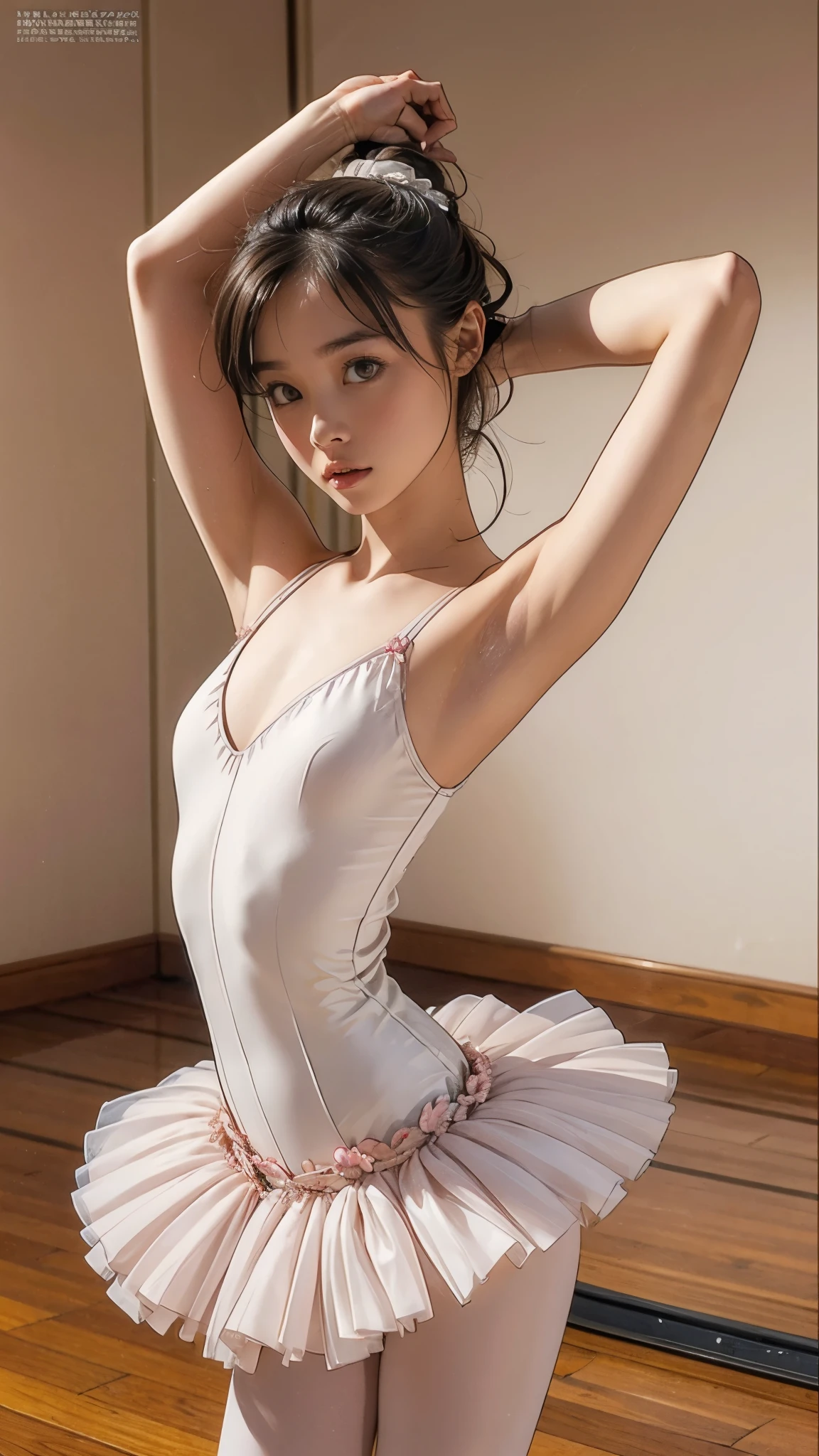 最high quality, High resolution, Photorealistic, Perfect Anatomy, Very detailed, Detailed face, Detailed body, high quality, Ballet Dancer, Tutu, pretty girl, :1.4, Young face, Small breasts, ballerina, Very slim:1.5, Very thin waist:1.4, Sexy standing pose, Raise your arms:1.4, Show your armpits:1.4, Ballet dance room