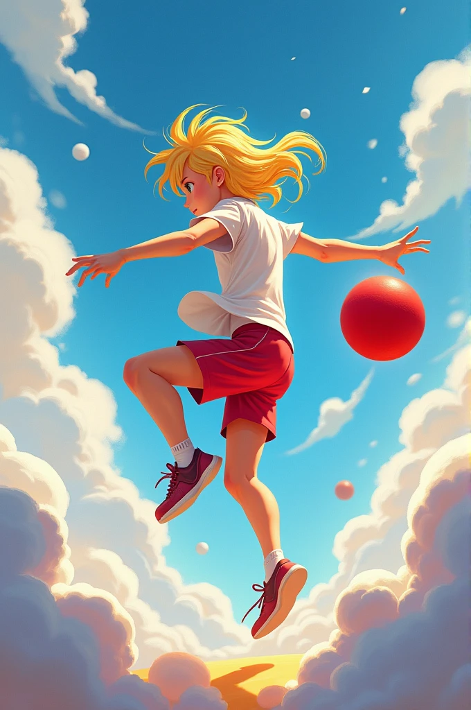  blond playing ball.red in a cloud