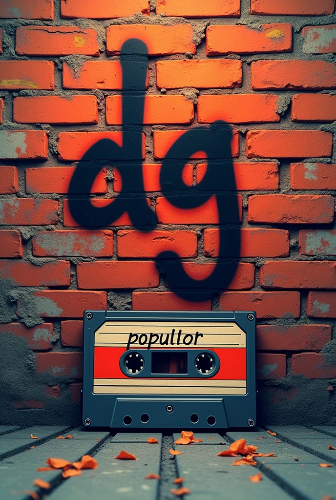 aesthetic brick wall, estilo hip hop, with graffiti written &#39;&#39;dg&#39;&#39; very simple, and in front of the wall a recording tape written &#39;&#39;popular&#39;&#39; focused on the image