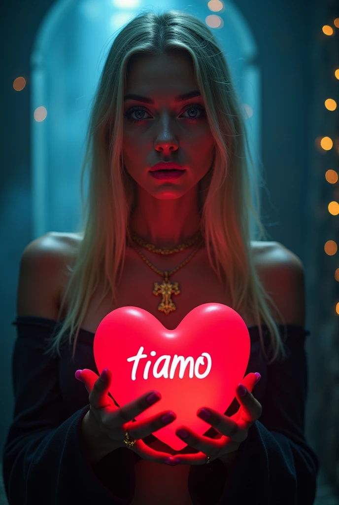 A mystical dark glowing environment. In the middle stands a woman with blue eyes, blonde, straight hair, pinken Lips, golden necklace with cross pendant, pink fingernails. She holds a bright red heart with the word Tiamo in her hands. Below it is the word Anikatz. 3d art