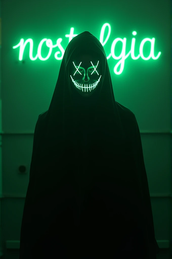 Black shadow wearing sad green neon halloween mask with a half light and half dark background with the word nostalgia large in the background