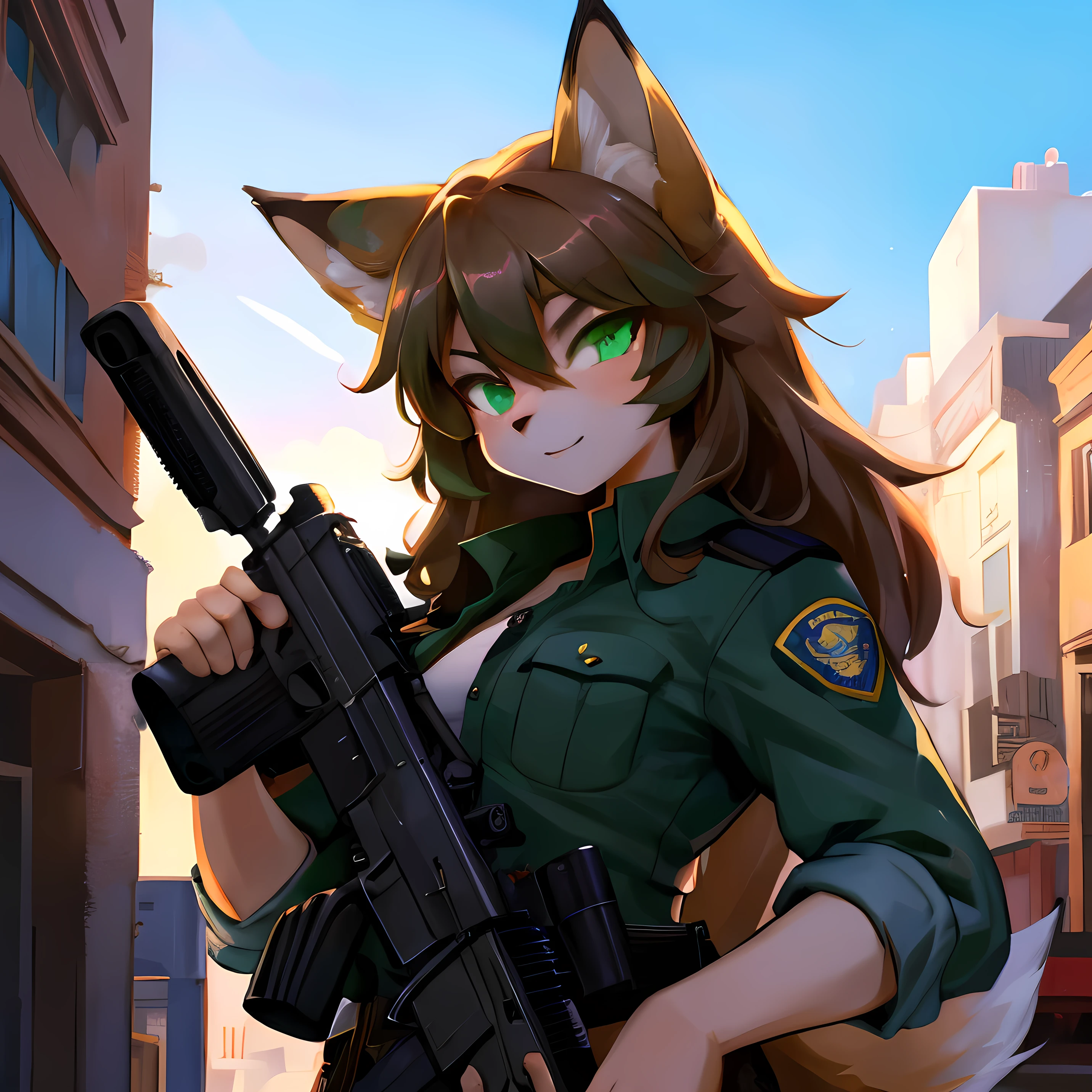 Best Quality, better resolution, Furry fox girl, robusta,green eyes, with American police clothes, wielding an uzi.