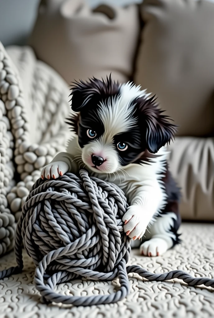Black and white puppy playing with knitting wool
