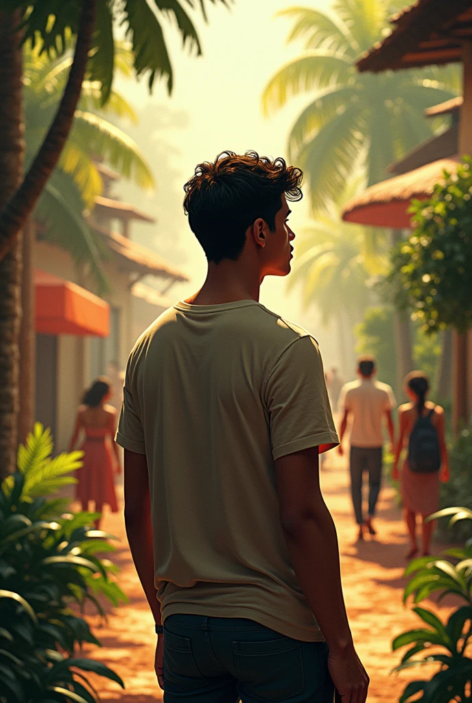 Young adult man with Latin American features with his back turned in a warm climate watching other people in their daily lives who are working in the distance. This leaves him with a deep reflection that he has to make wise decisions.