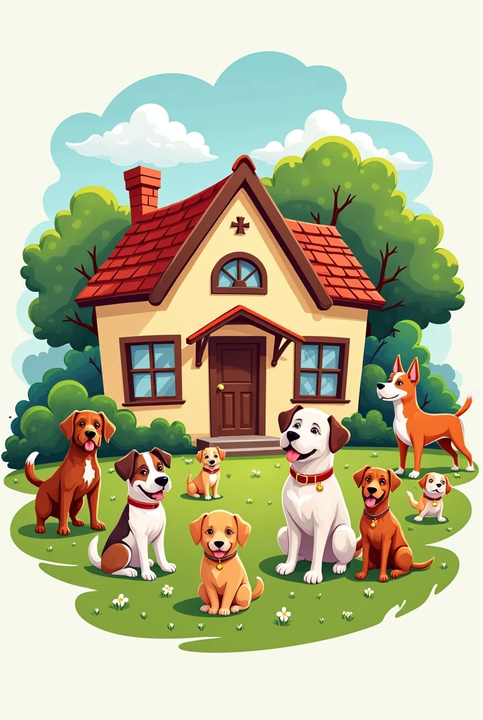 logo for a dog daycare, a house with dogs of different sizes playing around 