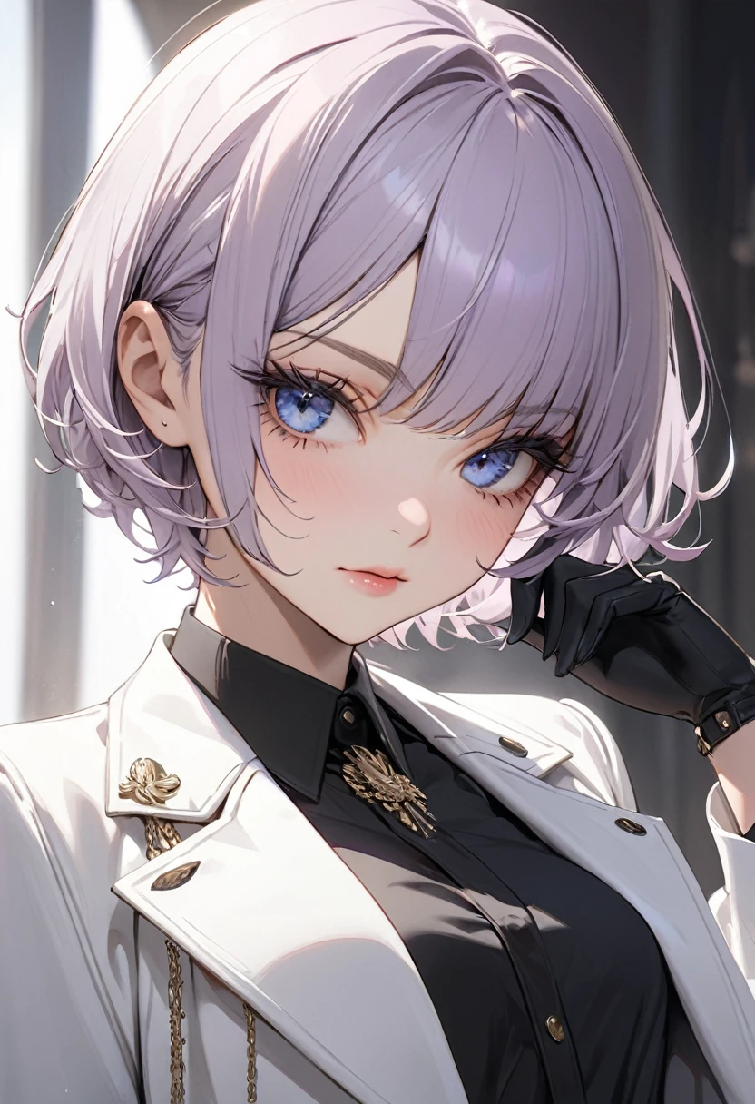 ((best quality)), ((Masterpiece)), (details), 1 woman, small breasts, light purple hair, blue eyes, ((short hair)), smooth , Beautiful face, Beautiful skin, Long eyelashes, Thick eyelashes, mafia, black shirt, white pants, black gloves, white coat