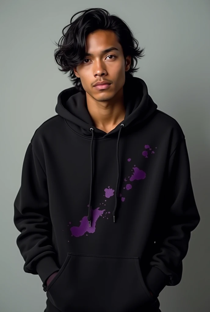 A guy with black medium hair with layers, tan skin color, wearing a black hoodie with some purple arts on not much and looking straight and generate the image from head to hips and make him look like bruno mars from the please me video and make him stand