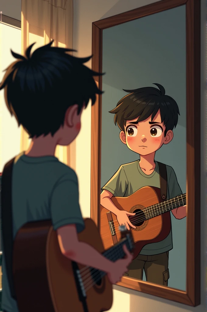 Boy with guitar looking at mirror, sees his future being successful