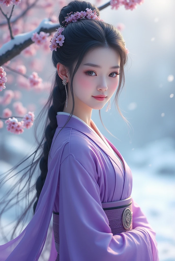 Bright purple Taoist robe, Long Hanfu skirt, Big eyes, head of'work of absolute beauty, 1 woman, toe. toe, healing smile, Snow scene, Quality'Image 4K, twisted braid, coiffure princesse coupe princesse, Simple Hair Accessories, plum blossoms, les gens ne peuvent pas oublier la beauté quand ils la voient