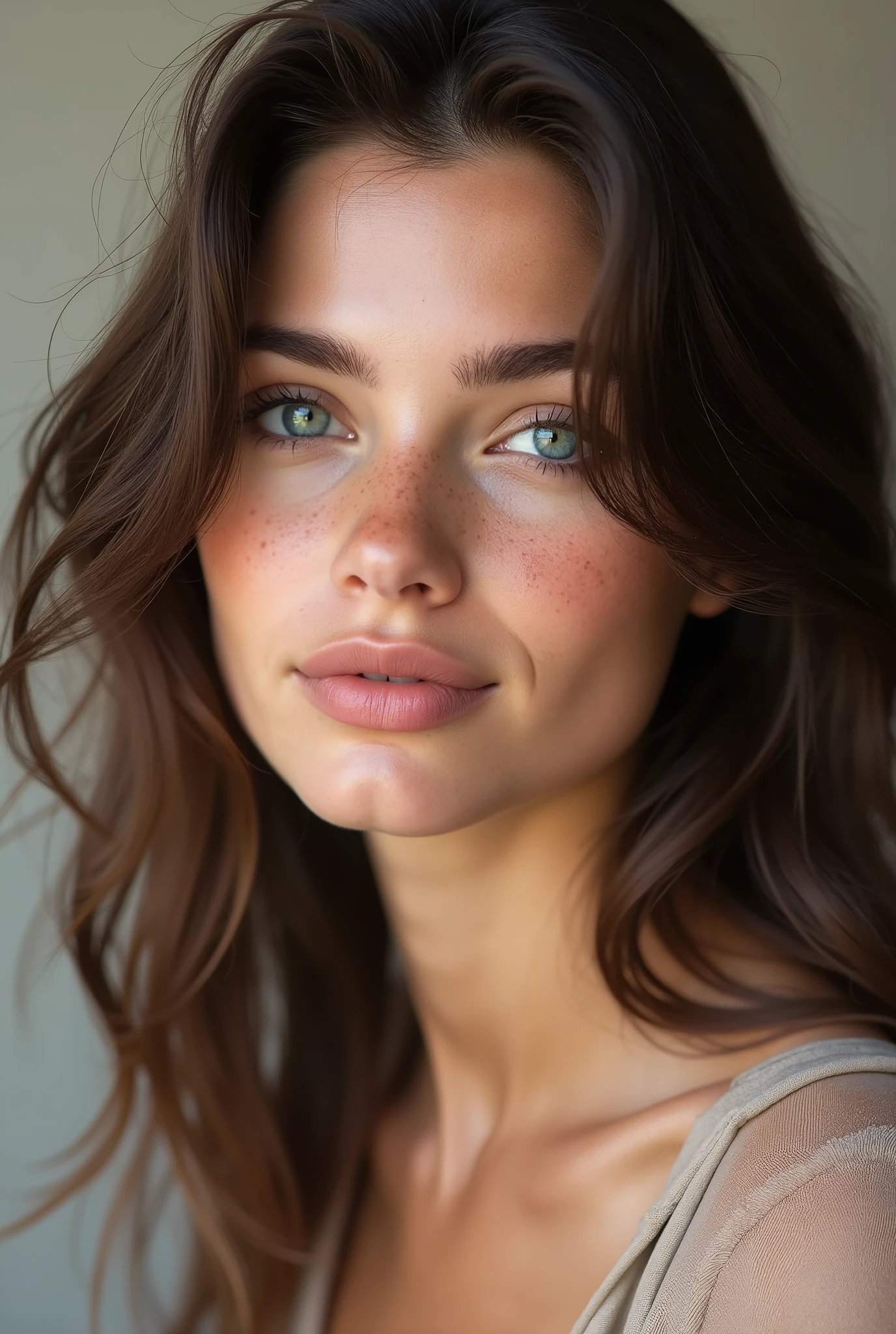 Create a close-up portrait of a 20-year-old brunette female model with a neutral-toned background. The model should have full lips, blue eyes, and clear skin with a healthy glow and small freckles. Her hair should appear natural, flowing loosely and slightly tousled, with subtle highlights to give it dimension and life. The lighting should emphasize the details, especially around the eyes and lips, creating a soft and serene ambiance. The facial expression should be relaxed and confident, capturing a sense of elegance and approachability. Ensure the focus is sharply on the subject’s face and features, with a natural look without heavy makeup. The overall image should reflect a modern, stylish, and aspirational vibe suitable for an Instagram influencer.