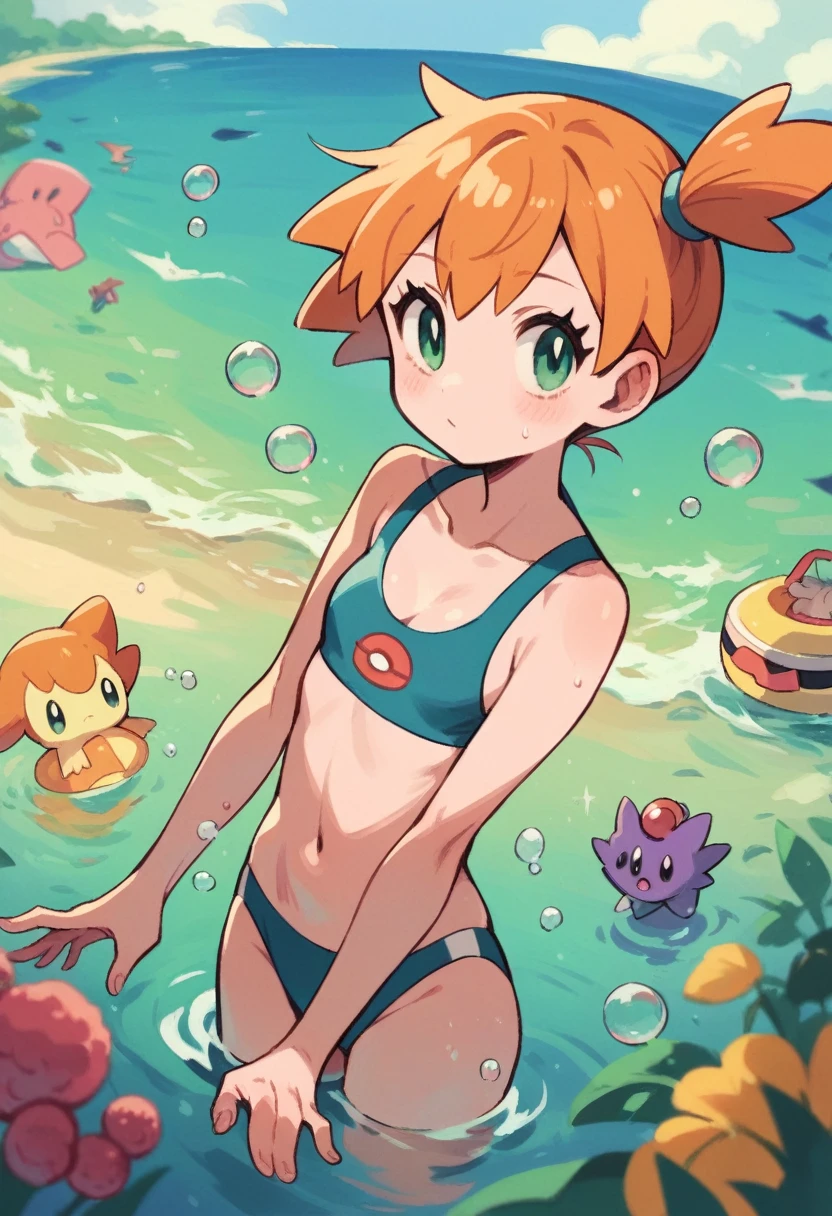 Misty_pokemon , Berry Short,Orange Hair, one side up hair ,Big green eyes,Small breasts,Skinny . Horsea, Pokemon, water , bubble, cute , Beauty girl , fresh , dive . Enjoy, beach, summer , swimming