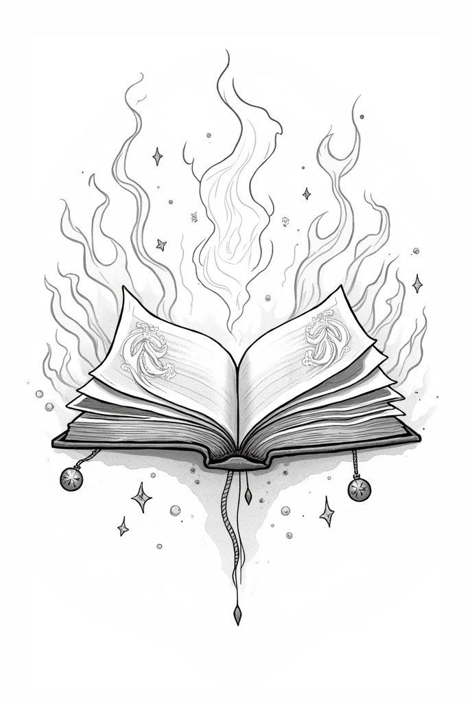 Create a coloring picture of an enchanted opened book, for coloring with large white areas and strong black lines