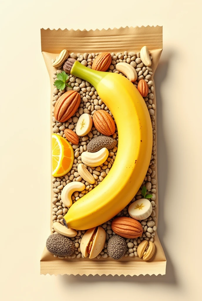 A label for a banana cereal bar, aveia, molasses, cashew nut, Brazil nut, peanut, chia and nuts. I need you to pack this product. you don't'I don't need to put anything written on the packaging. Just the drawing of the ingredients and the information that the product is vegan. You just need to have it drawn on the banana packaging, cashew nut e Brazil nut.