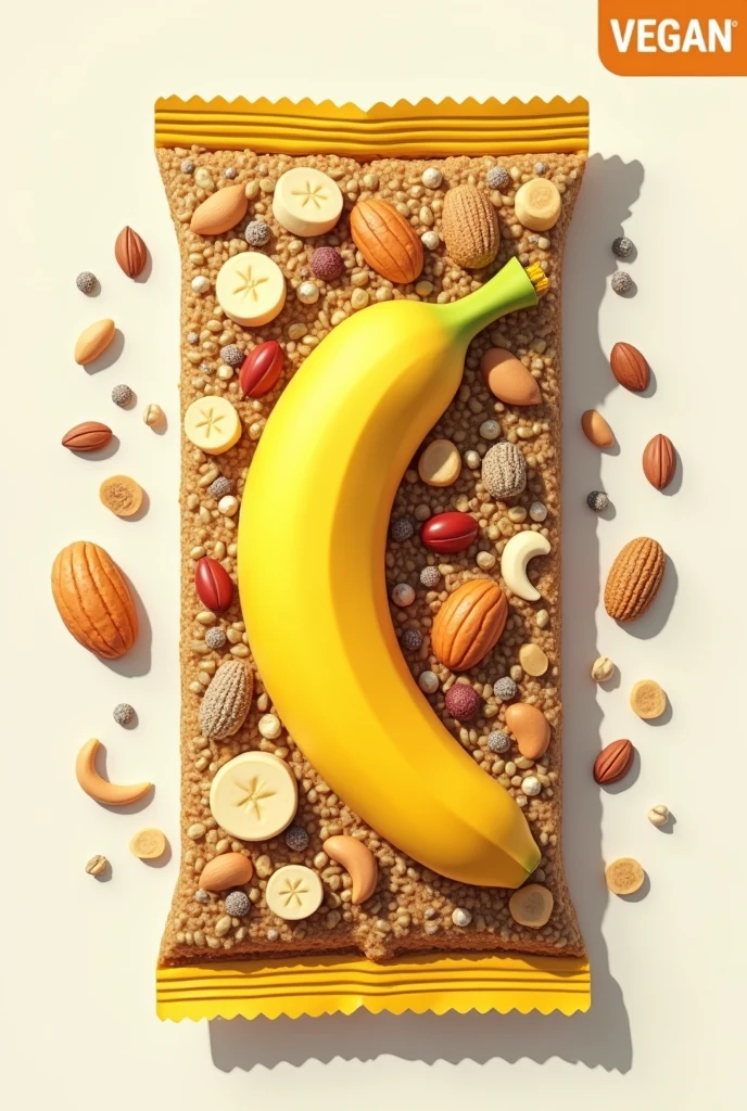 A label for a banana cereal bar, aveia, molasses, cashew nut, Brazil nut, peanut, chia and nuts. I need you to pack this product. you don't'I don't need to put anything written on the packaging. Just the drawing of the ingredients and the information that the product is vegan. You just need to have it drawn on the banana packaging, cashew nut e Brazil nut.