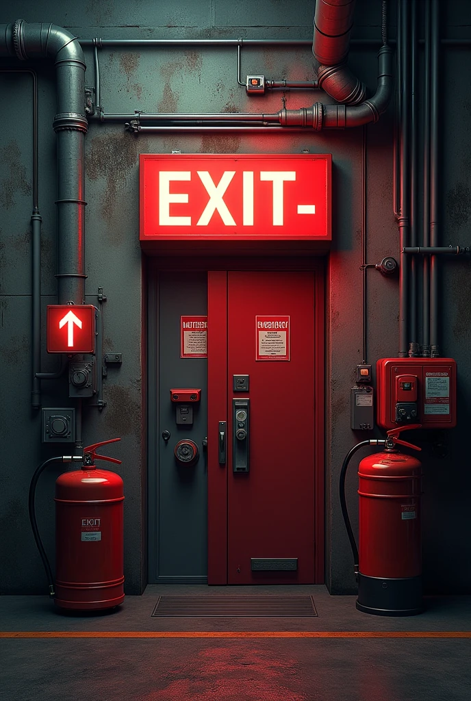 create an image that is half industrial emergency signage and half industrial fire prevention