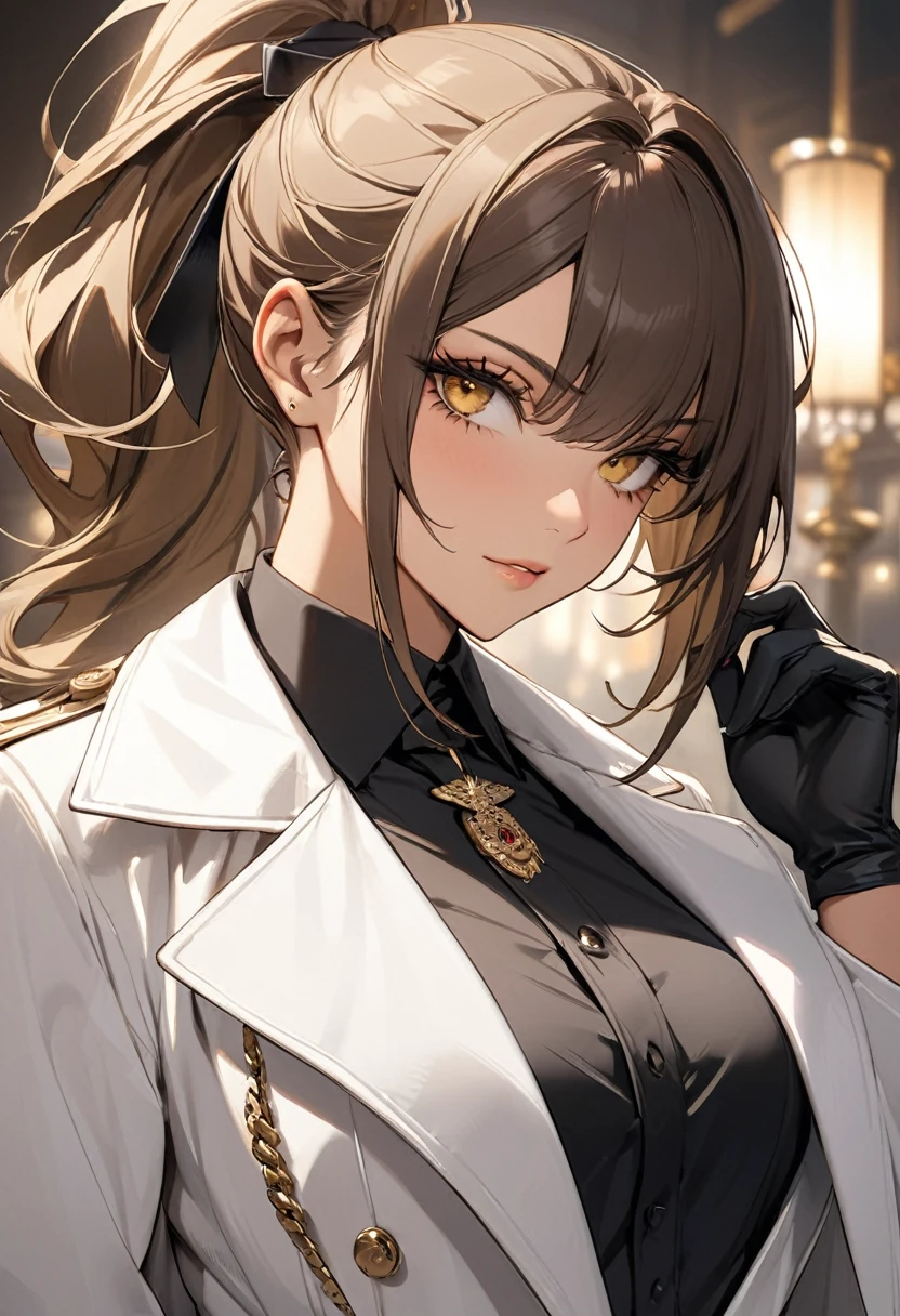 ((best quality)), ((Masterpiece)), (details), Young woman, Medium bust, brown hair, yellow eyes, ((long hair, ponytail)), handsome face, (Tanned skin:1.3), Long eyelashes, Thick eyelashes, mafia, black shirt, white pants, black gloves, white coat