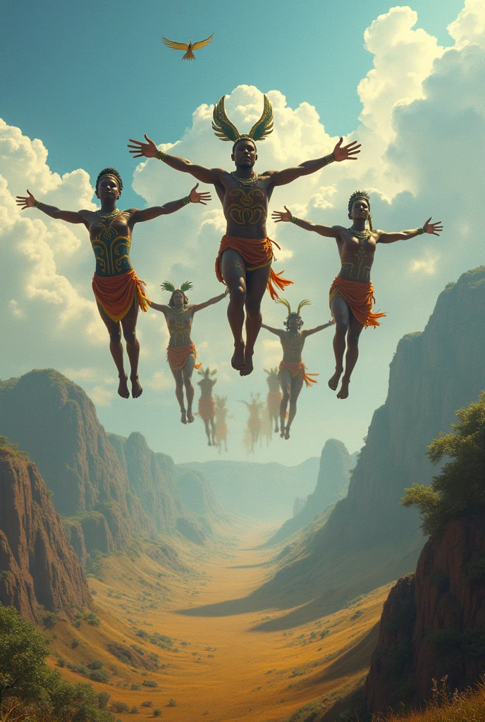 Africans flying in loincloths