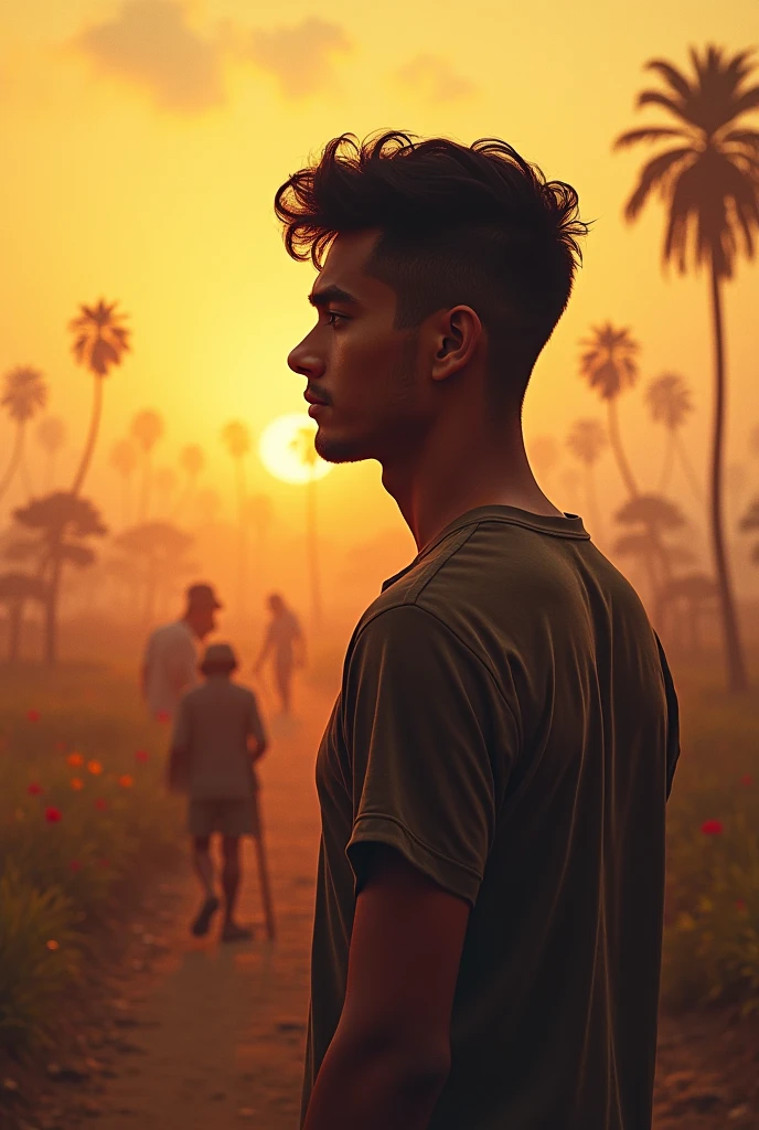 Young adult man with Latin American features with his back turned in a warm climate looking at other people who are working in the distance. This leaves him with a deep reflection that he has to make wise decisions.