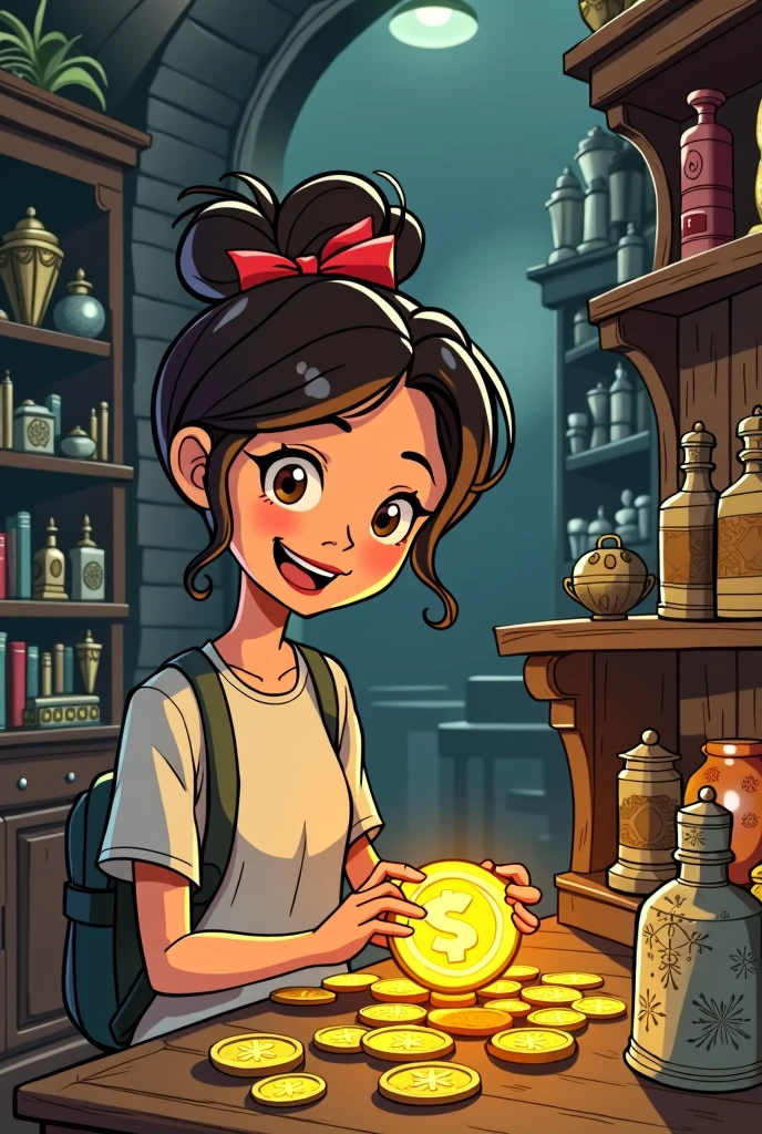 in cartoon drawing, has a young college girl picking up a gold coin in an antique shop

